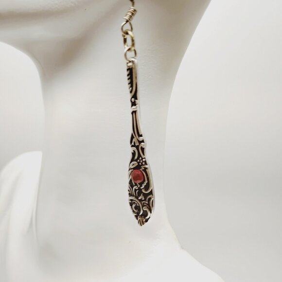 Vintage Style Ornate Silver-Tone Drop Earrings Red Stone Accents NWOT - Picture 2 of 7
